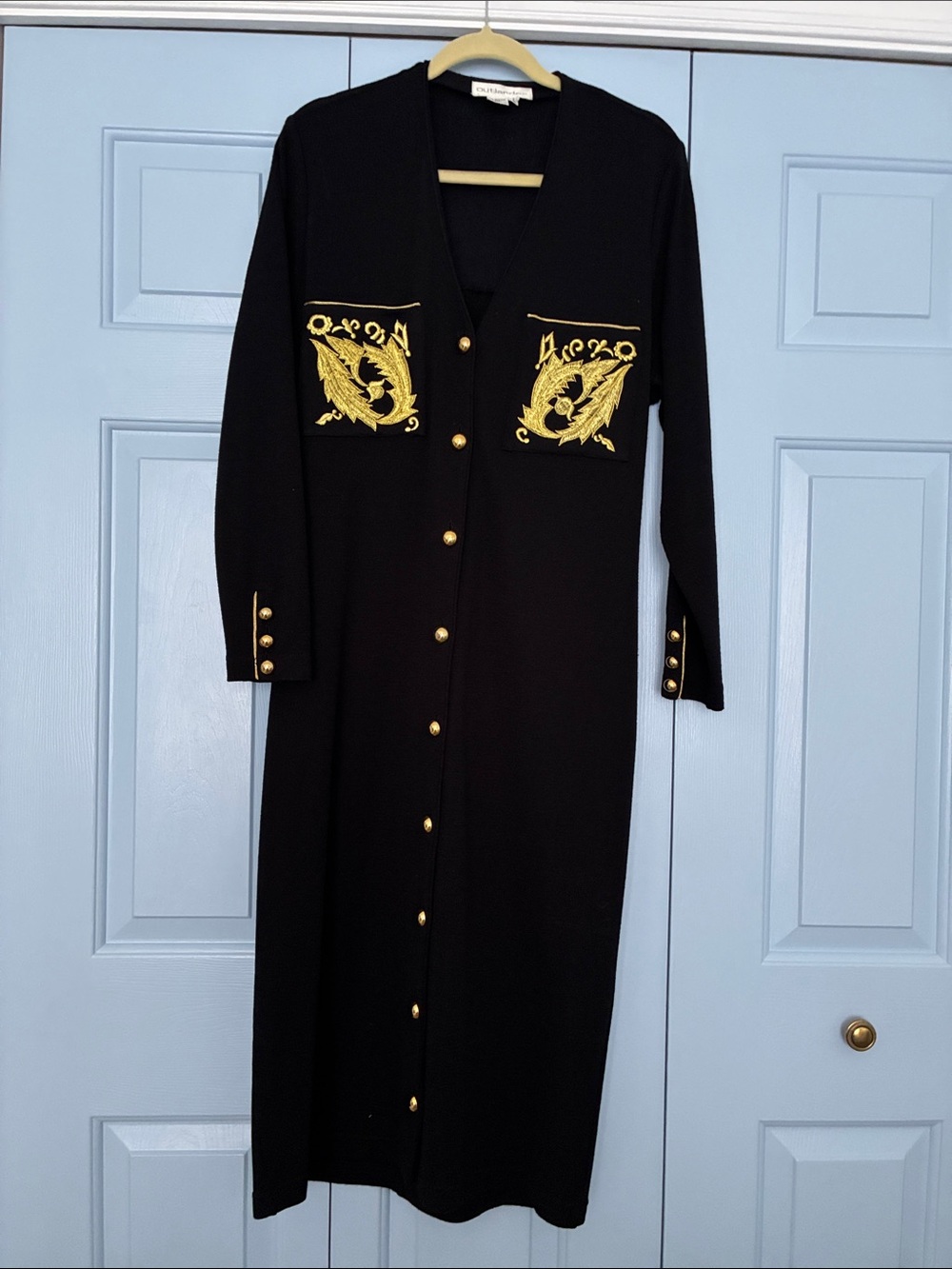 Black Long Sleeve Button-Front Dress with Gold Embroidered Pockets